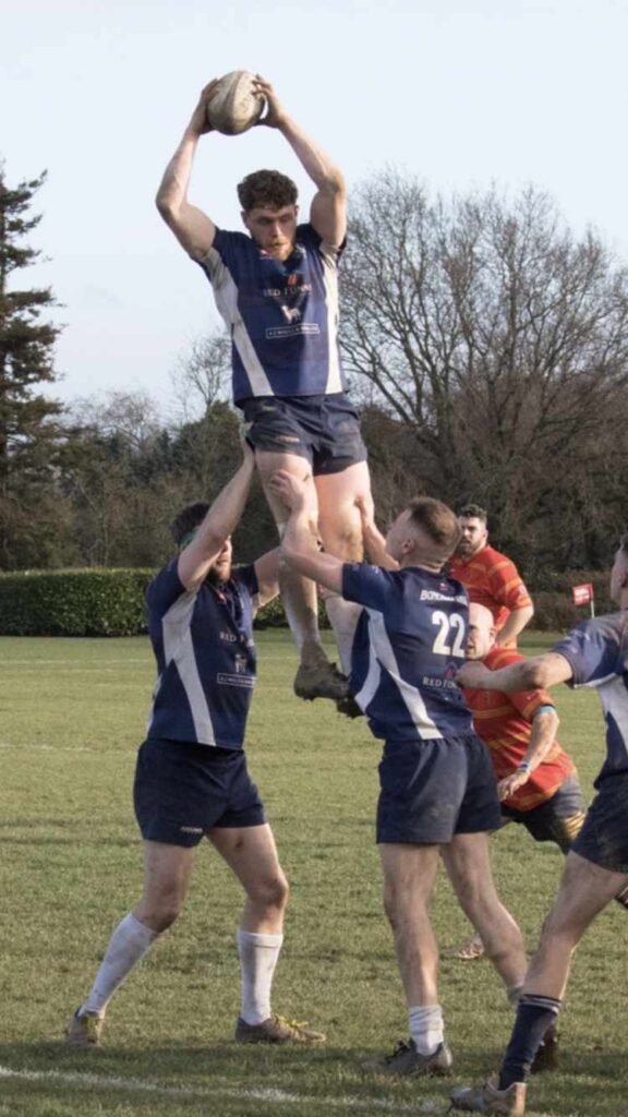 Lewis Morton lifted by Andy Teague and George Collett v Isle of Wight RFC 1XV Sat 18 March 2023