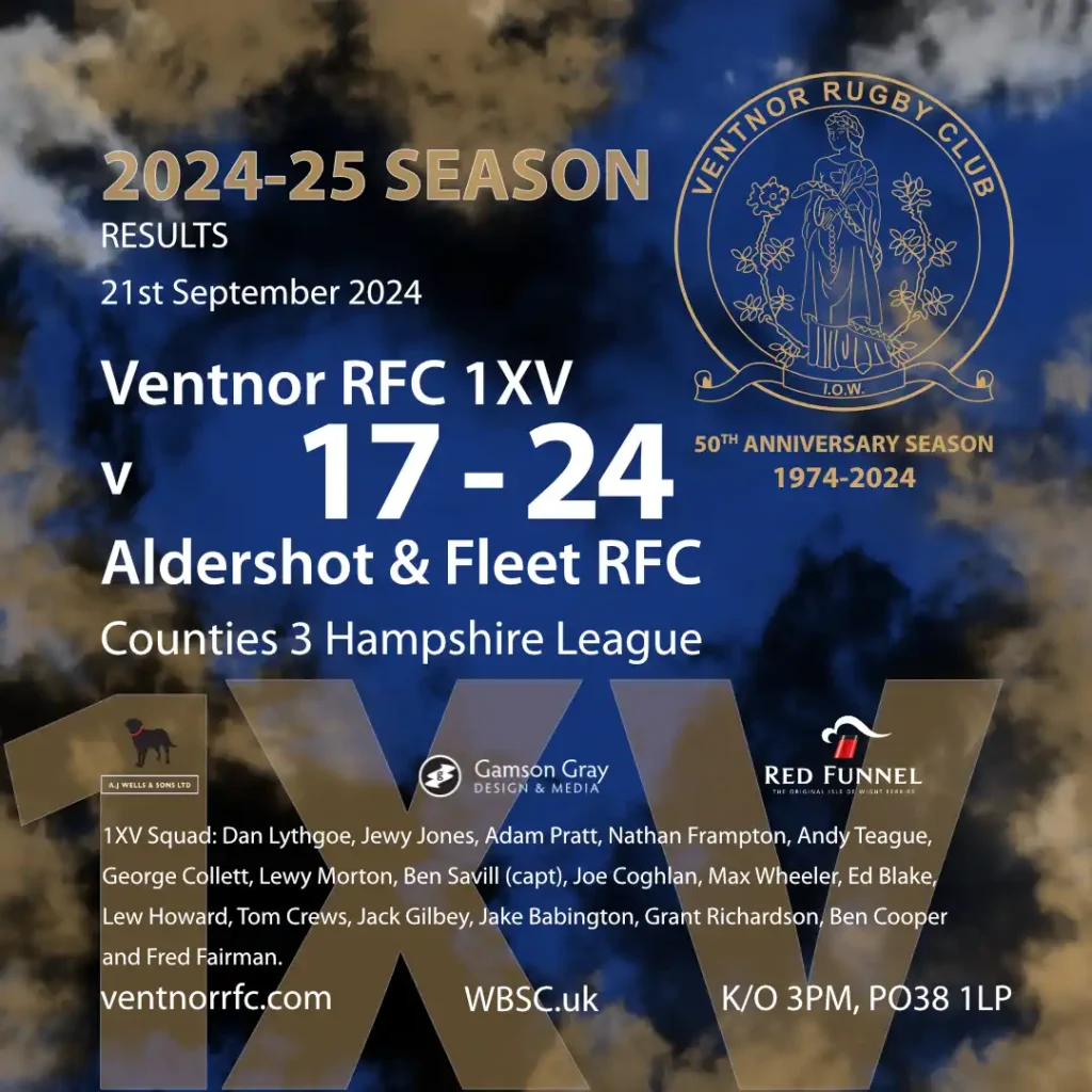 Results Ventnor RFC 1XV 17-24 Aldershot and Fleet RFC 21 September 2024