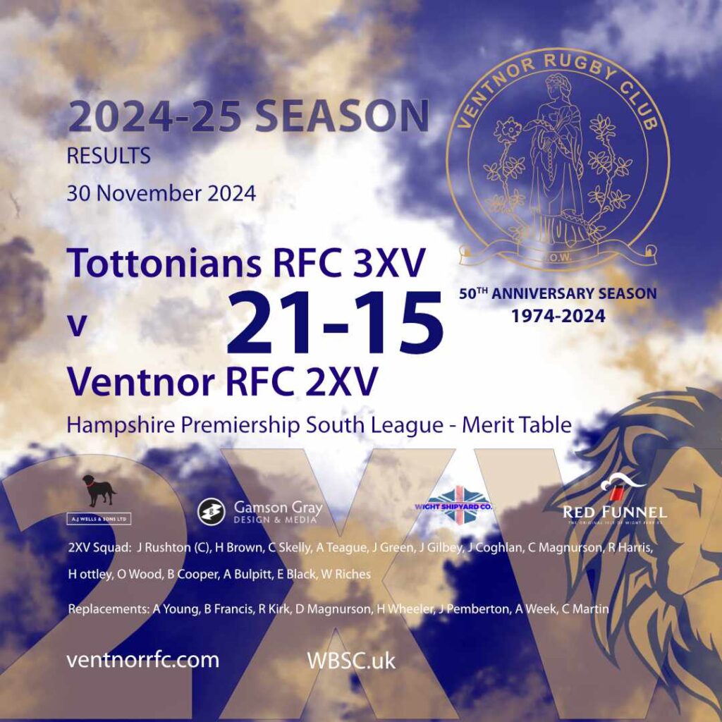 Results Tottonians RFC 3XV 21-15 Ventnor RFC 2XV 30 November 2024