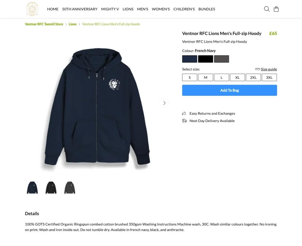 The new Ventnor Rugby Club Lions Men's Full-zip Hoody is now available in the Club Teemill store.