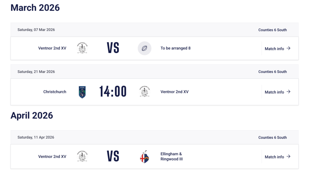 Ventnor RFC 2XV Remaining Counties 6 South Hampshire Merit League 2025-26 as at 25 February 2026