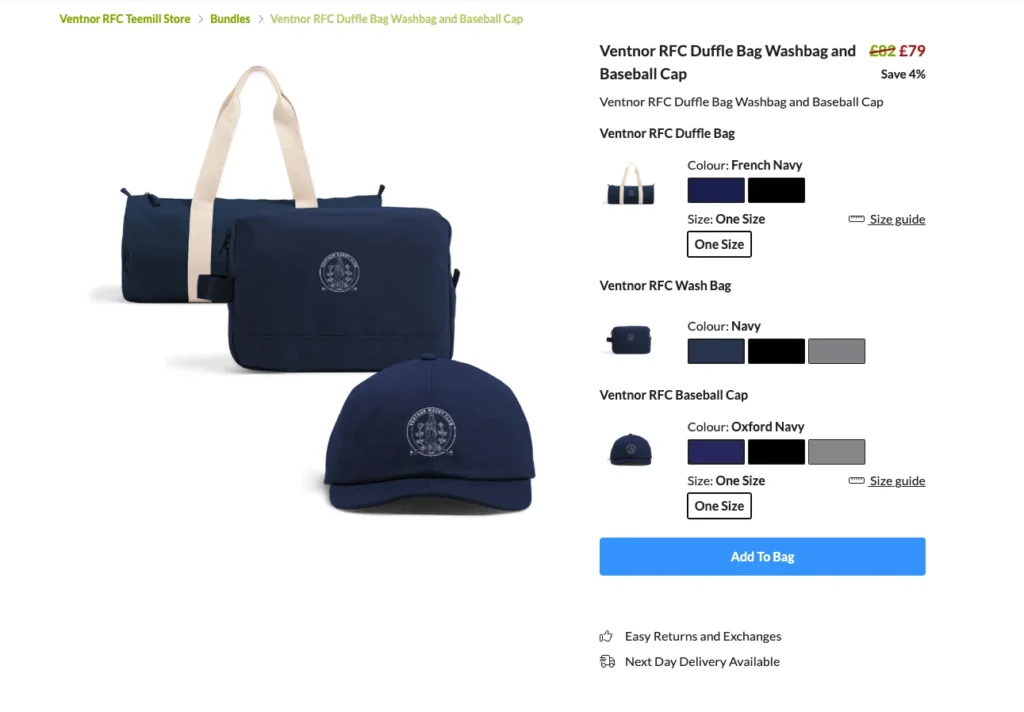 Ventnor RFC Duffle Bag Washbag and Baseball Cap