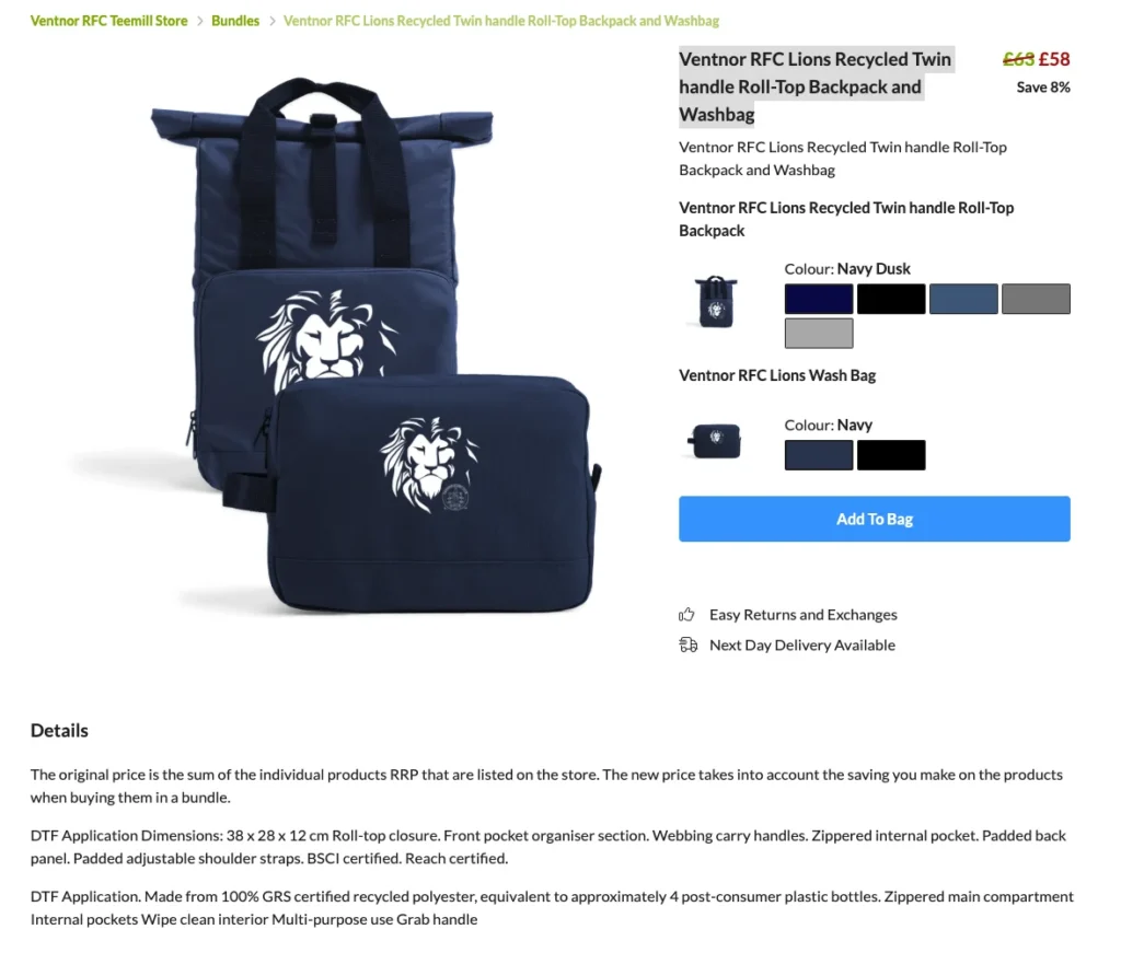 Ventnor RFC Lions Recycled Twin handle Roll-Top Backpack and Washbag