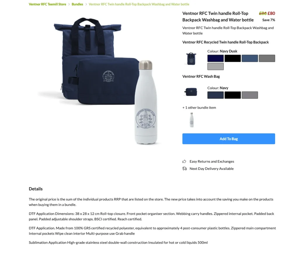 Ventnor RFC Twin handle Roll-Top Backpack Washbag and Water bottle